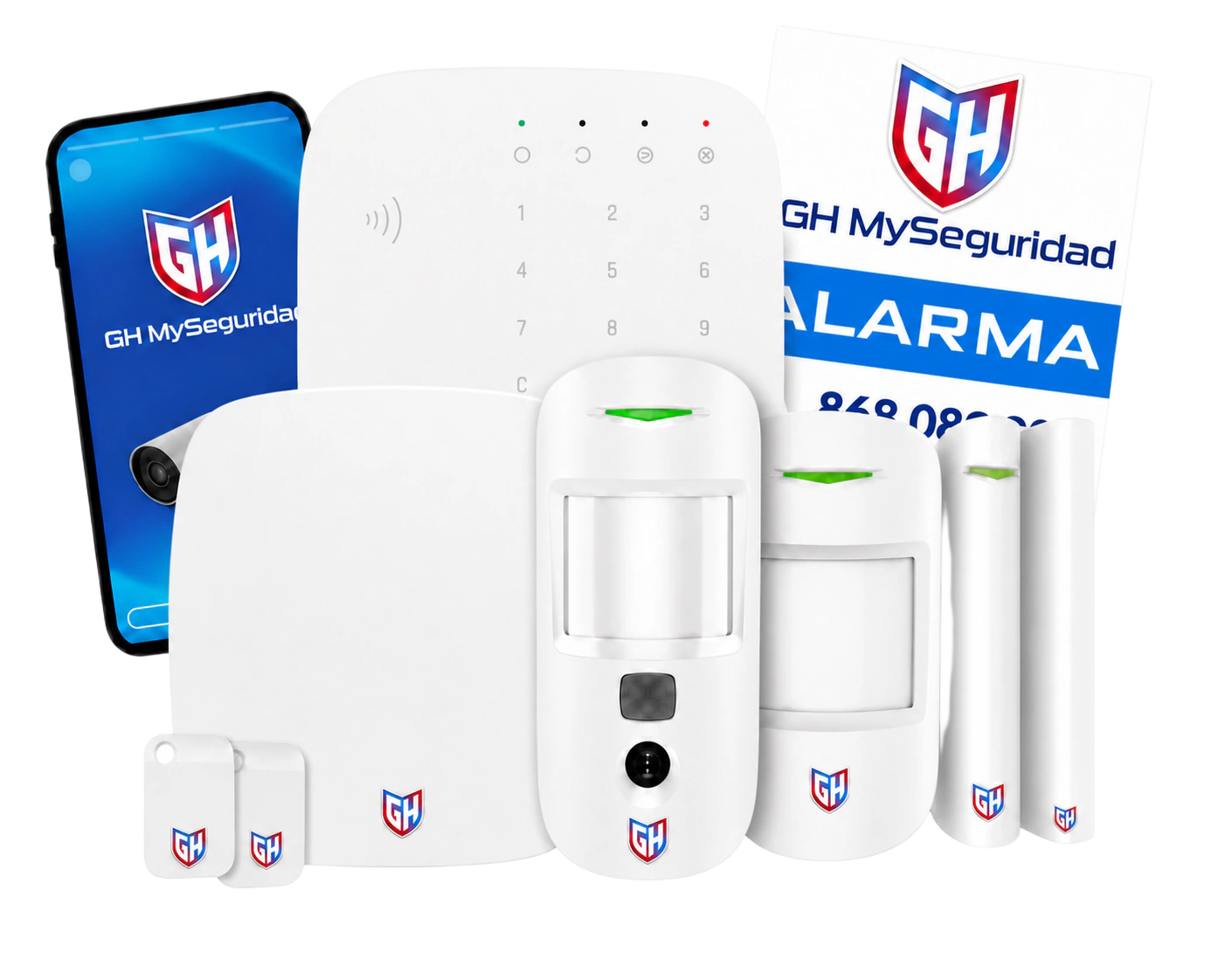 Equipos del sistema de alarma con el logotipo de GH MySeguridad